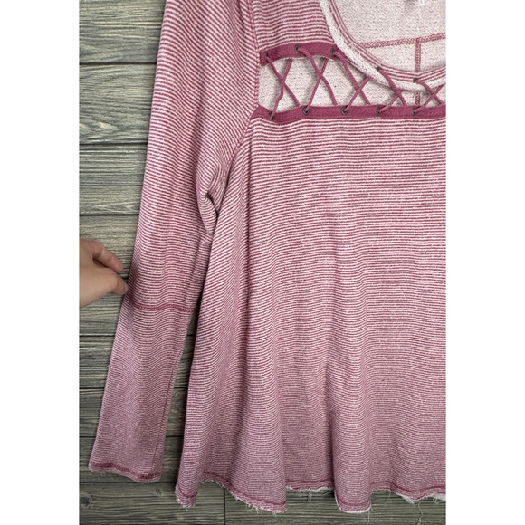 Free People Large Pullover Sweater Top Knit Striped Grommet Lace Up Lacey Love - Picture 5 of 8
